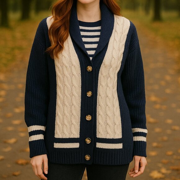 La Ligne XL Merino Wool Cable Knit Cardigan Shawl Collar Navy Cream NWOT - Picture 1 of 8